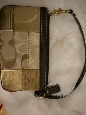 Coach Metallic Gold Patchwork Wristlet with Brown Trim